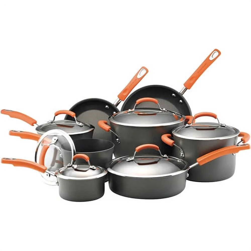 Rachael Ray Hard Anodized 14 Piece Nonstick Pots and Pans Set, Gray with Orange Handles