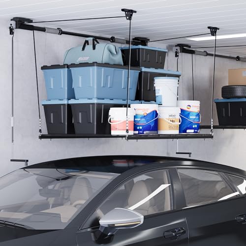 FLEXIMOUNTS Overhead Garage Storage Rack, 4x4 Ft Heavy-Duty Garage Ceiling Storage Racks, Adjustable Organization System with 71'' L Axle