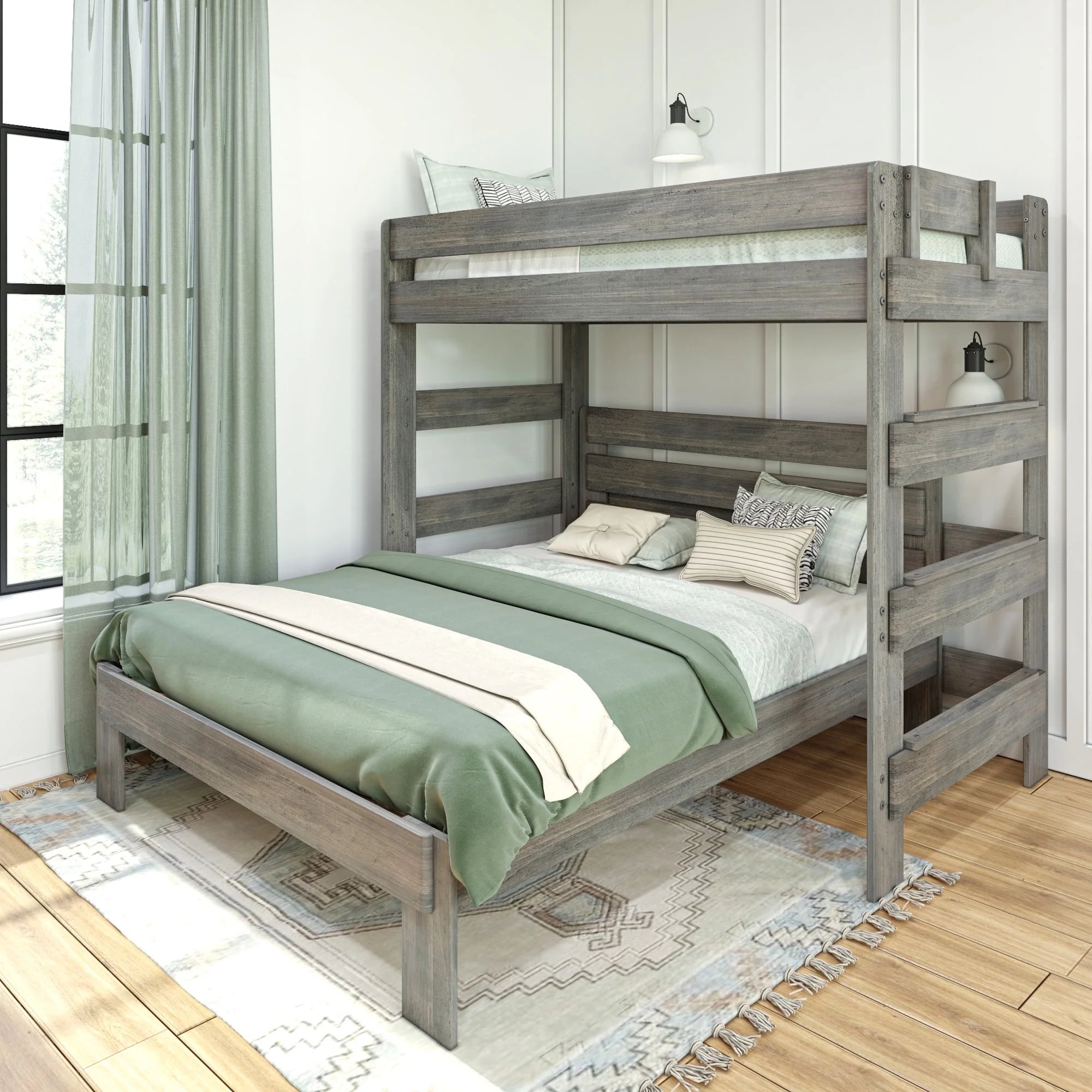Max & Lily Solid Wood Loft Bed, Modern Farmhouse L-Shaped Twin over Queen Bed Frame for Kids, Driftwood
