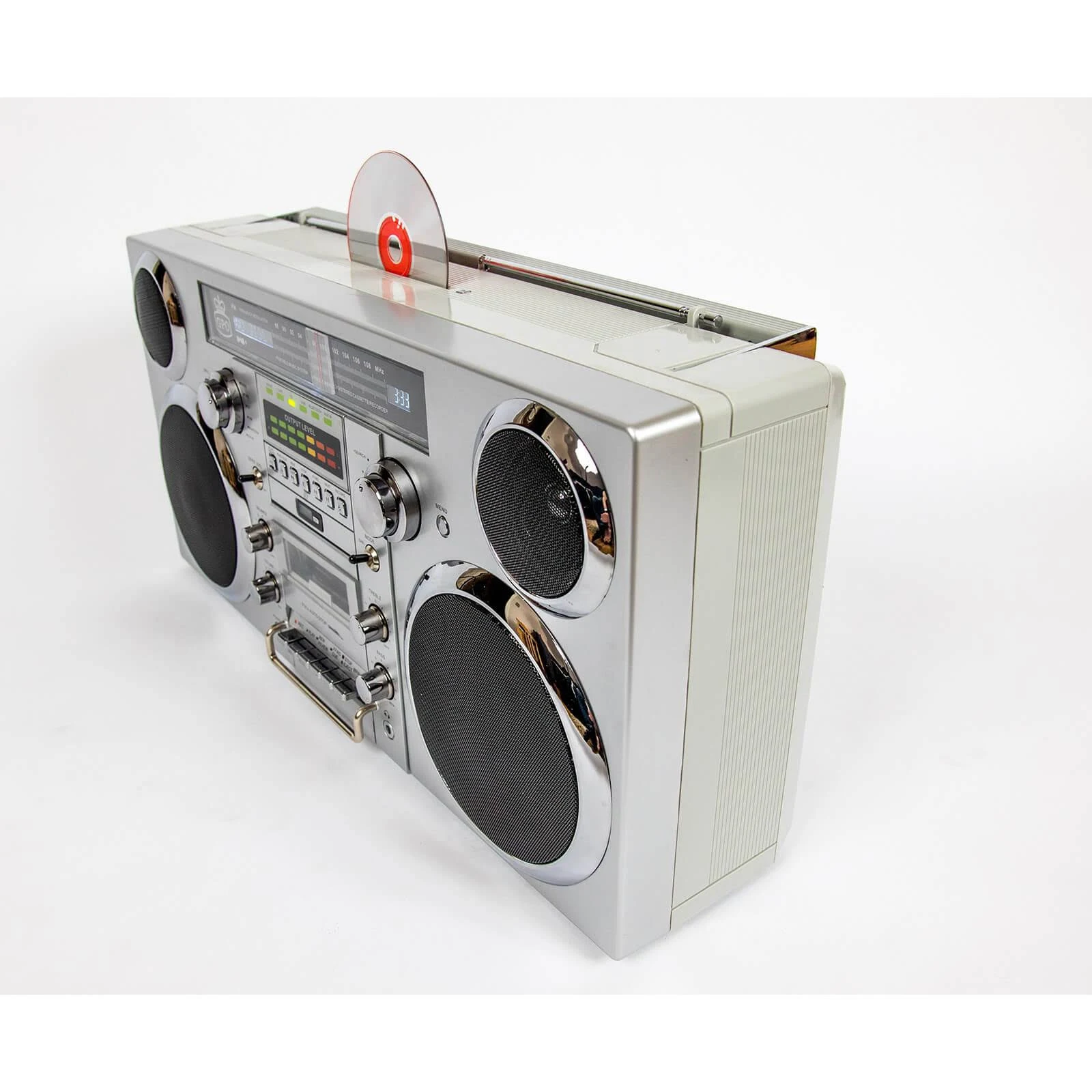 GPO Brooklyn Bluetooth Boombox 80W CD Cassette FM USB Recording Silver