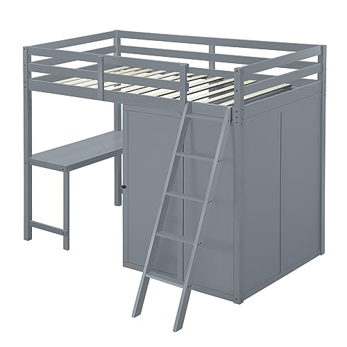 Harper & Bright Designs Full Size Loft Bed with Wardrobe and Desk, Solid Wood Loft Bed Frame with Storage, for Kids Teens Adults (Full Size, White)