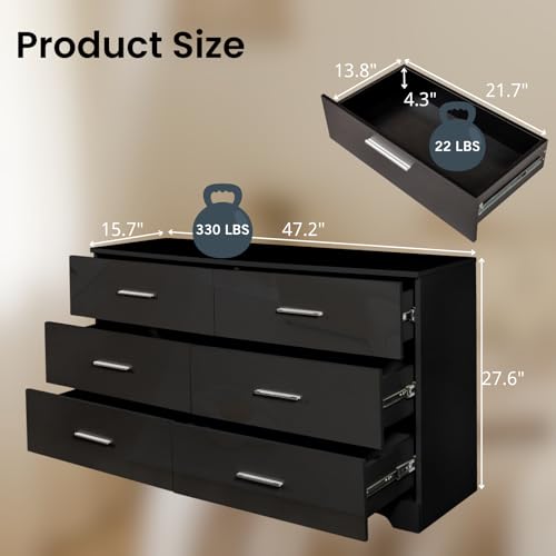 6 Drawer Dresser for Bedroom, Black Dresser Chest of Drawers, Wooden Bedroom Dresser TV Stand, Large Dresser Storage Chest with Deep Drawers