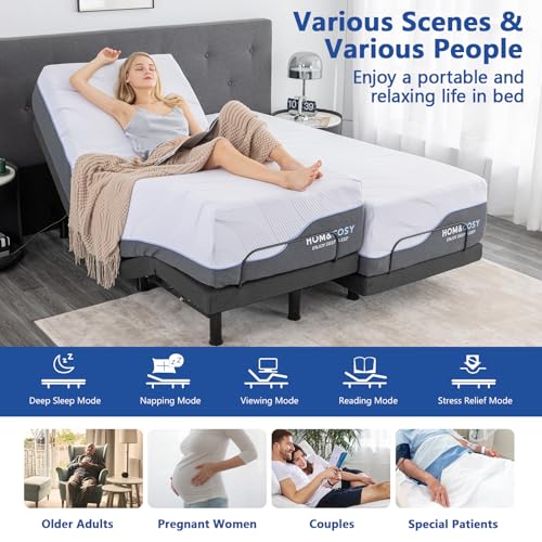 Split King Adjustable Bed Frame with Mattress, 12 Inch Grey Gel Memory Foam Medium-Firm Mattress in Box