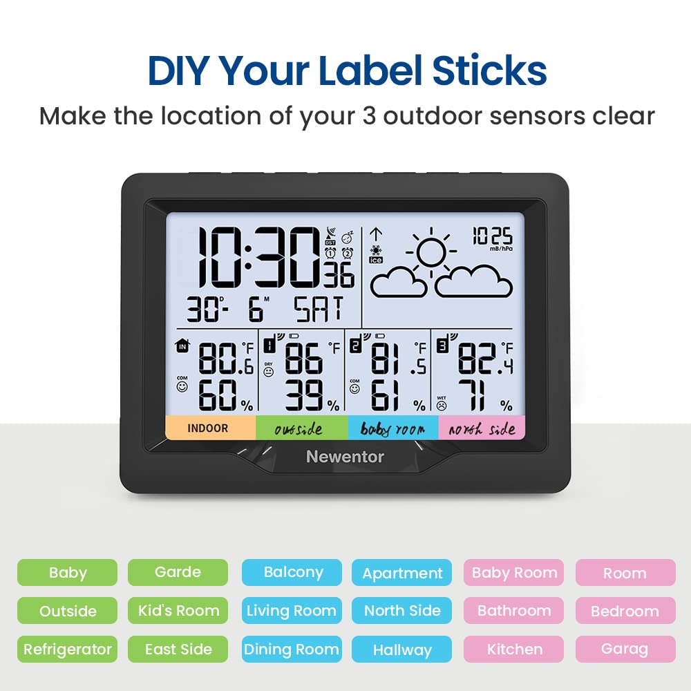 Newentor Weather Station Wireless Indoor Outdoor Multiple Sensors, Outdoor Thermometer Hygrometer with Atomic Alarm Clock