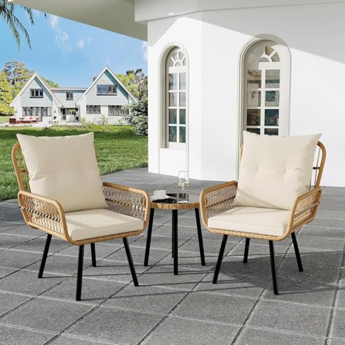 3 Piece Patio Bistro Set, Outdoor Wicker Table and Chairs Set of 2