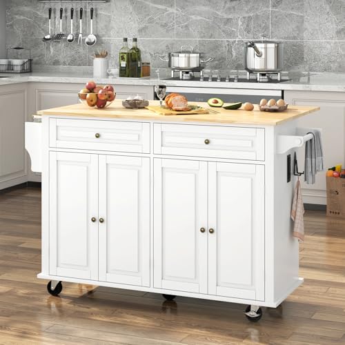 55" Movable Kitchen Island with Drop Leaf and Power Outlet, Rolling Island Cart w/Storage Cabinet, Island Table on Wheels for Kitchen w/2 Drawers