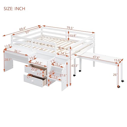 Merax Low Twin with Desk, Wood Loft Bed with 2 Storage Drawers and Lateral Portable Table, No Box Spring Needed, for Boys & Girls (White)