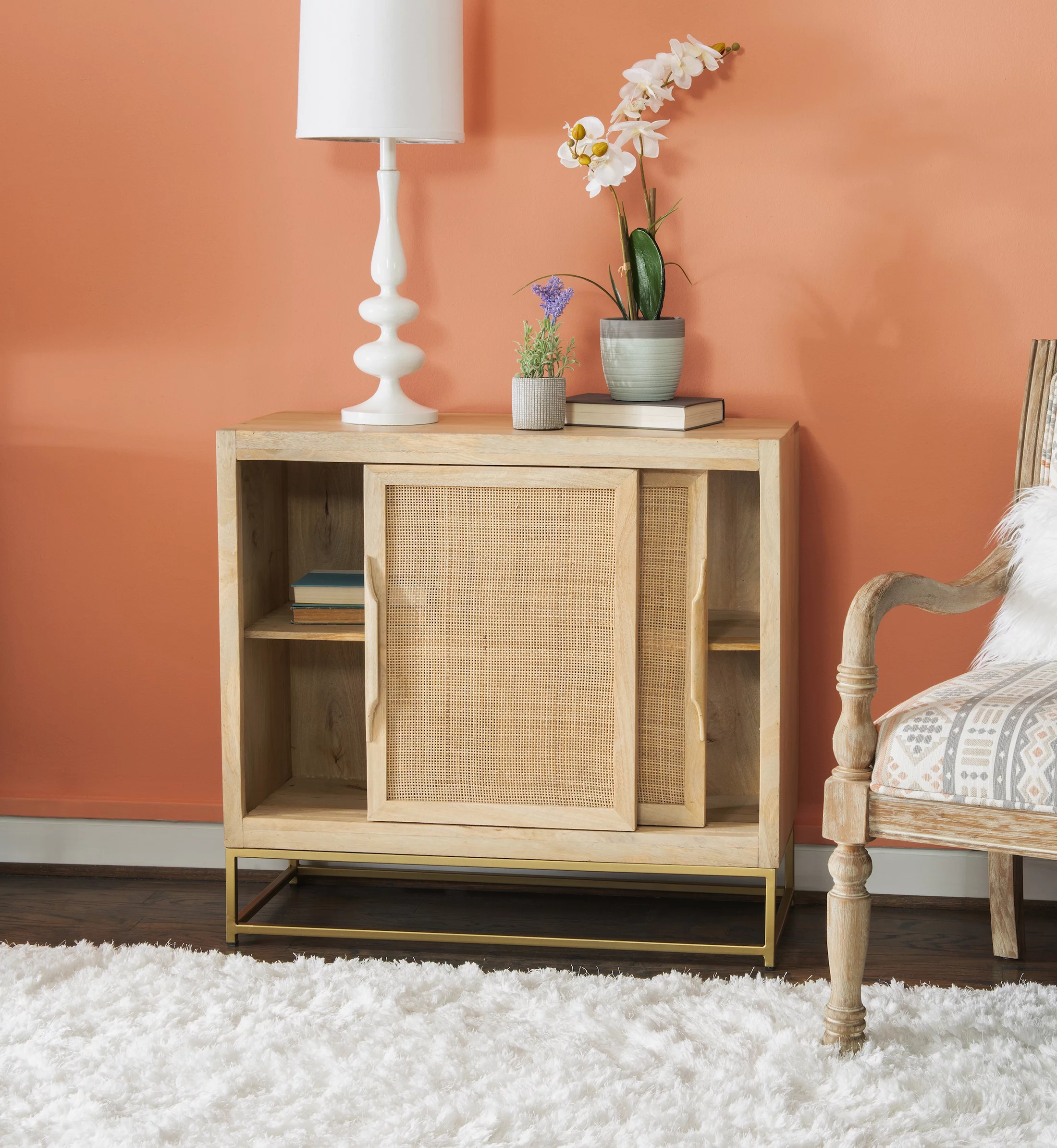 Blair Rattan Sliding Doors Cabinet with Shelves, Natural and Gold