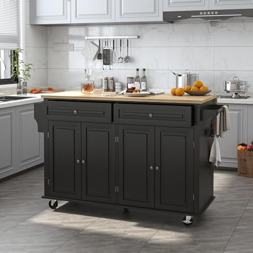 Kitchen Cart with Wood Top and Drop Leaf Breakfast Bar, Rolling Mobile Kitchen Island Table on Wheels with Drawer and Storage Cabinet, Spice Rack