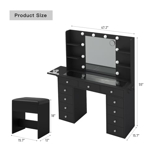 55" W Vanity Desk, Makeup Vanity with Charging Station, 15 Drawers with Lighted Mirror, 3 Lighting Modes, Brightness Adjustable, Glass Top