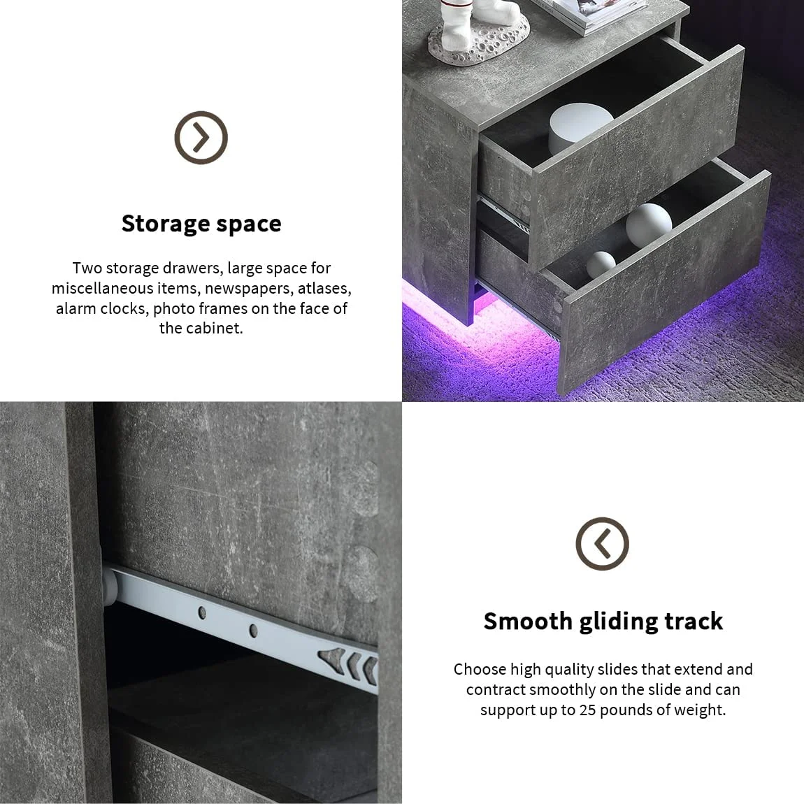 LED Nightstand Bedside Table With LED Lights Set Of 2, For Bedroom Living Room Modern Nightstand With 2 Drawers