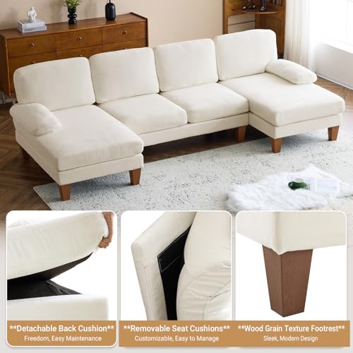 VINGLI 110" Sectional Couches for Living Room,U Shaped Couch with Double Chaise, 4-Seat Sofa Set with Chenille Fabric for Home Furniture,Forest Green