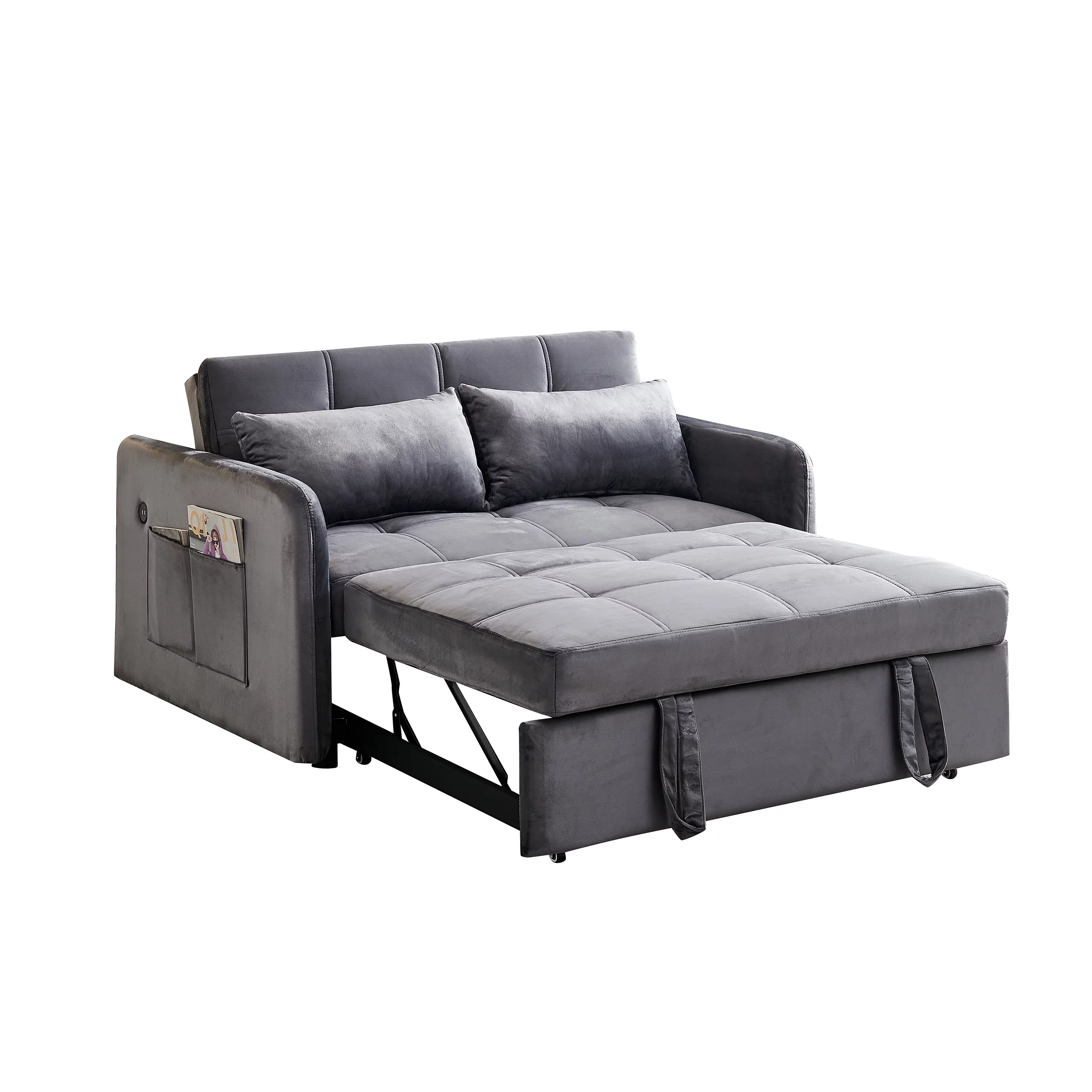 Modern Velvet Pull Out Convertible Sofa Bed, Folding Sleeper Couch Loveseat with Pillows and USB Port for Living Room Bedroom