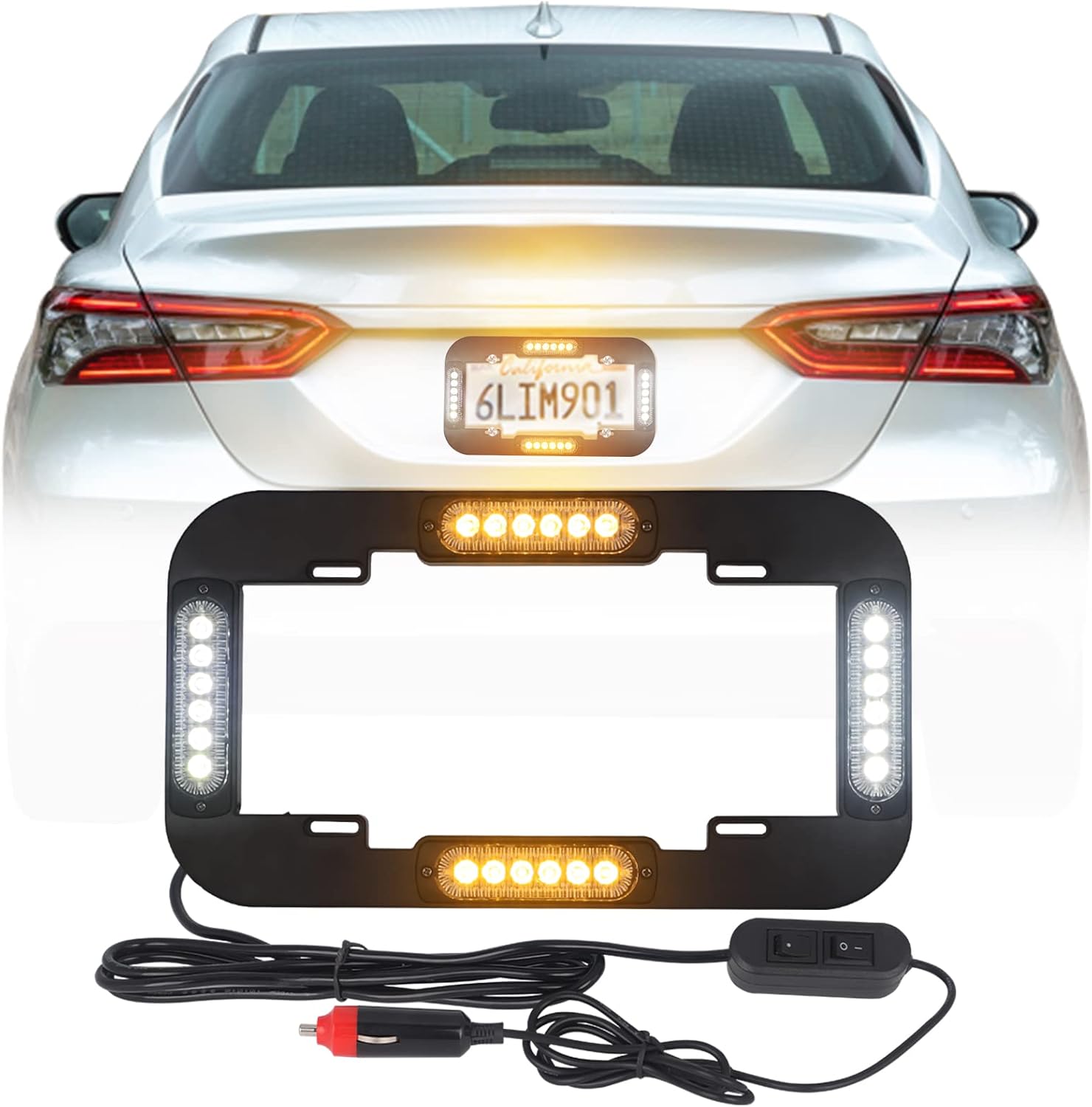 Emergency License Plate Strobe Lights Front/Rear Hazard Warning Safety Flashing Police Lights w/ Black Frames for Vehicles Trucks Cars (Red and Blue