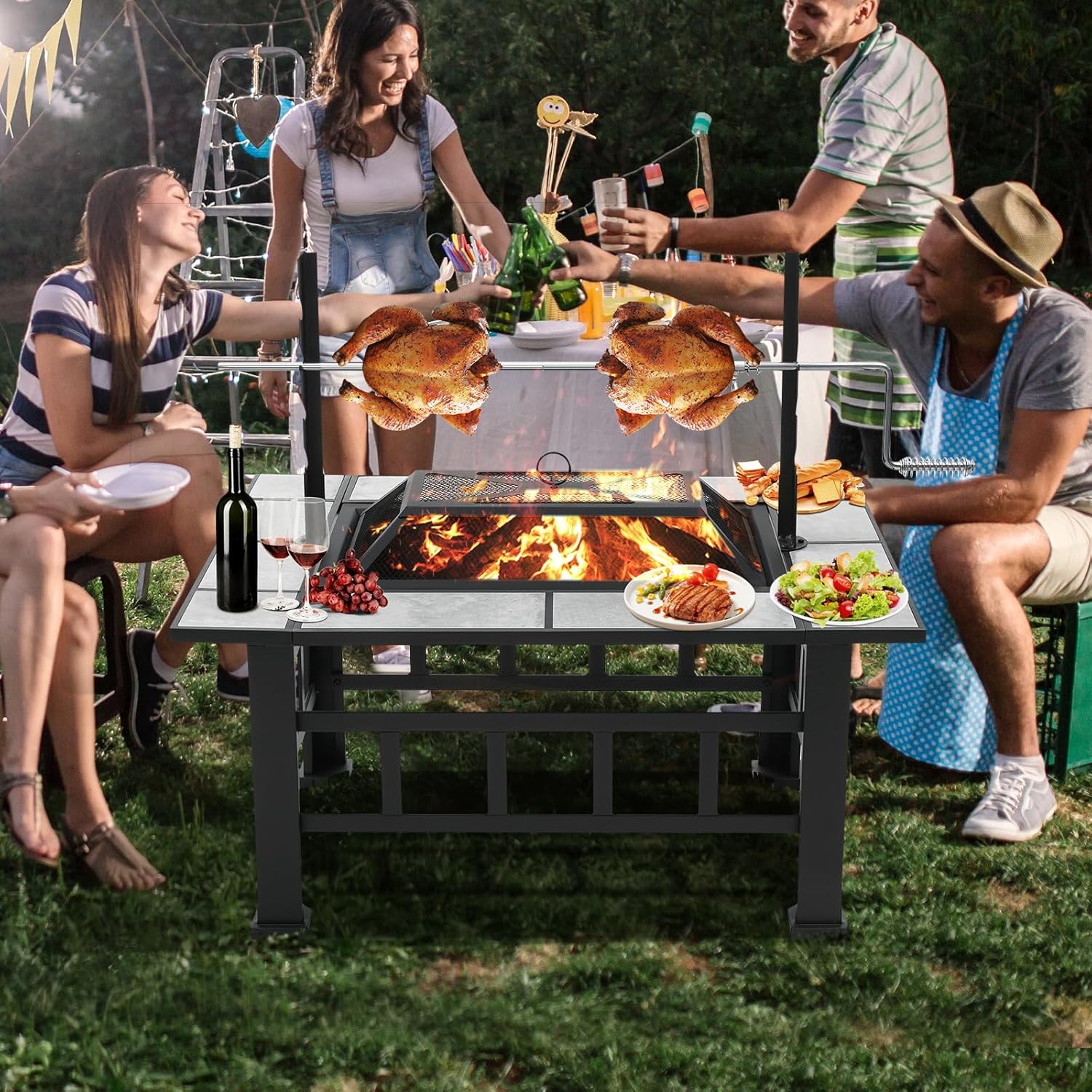 Fire Pit Table for Outside 37 Inch Square Firepits with Grill Large Wood Burning Heavy Duty Steel BBQ Bonfire Pit Outdoor Cooking with Spark Screen