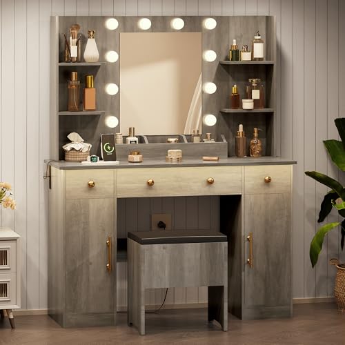 Vanity Desk with Mirror and Lights, Makeup Vanity with Charging Station & Vanity Stool