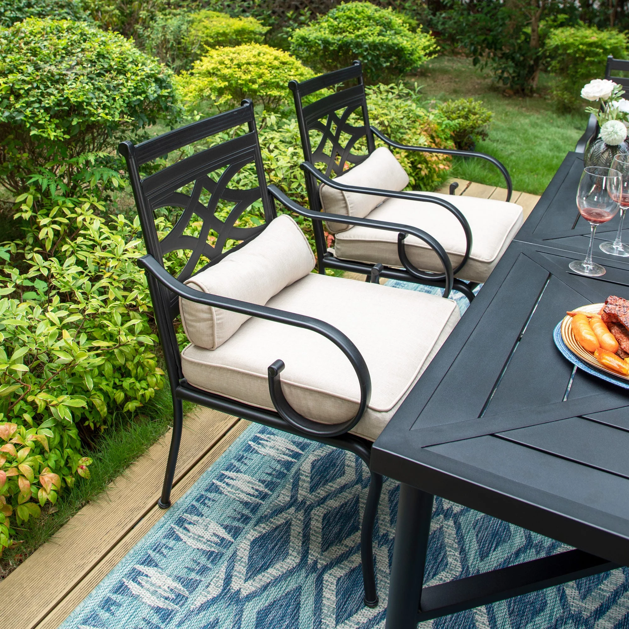 Summit Living 7-Piece Outdoor Dining Set with Swivel Cushioned Chairs for 6-Person, Umbrella Support, Black & Beige