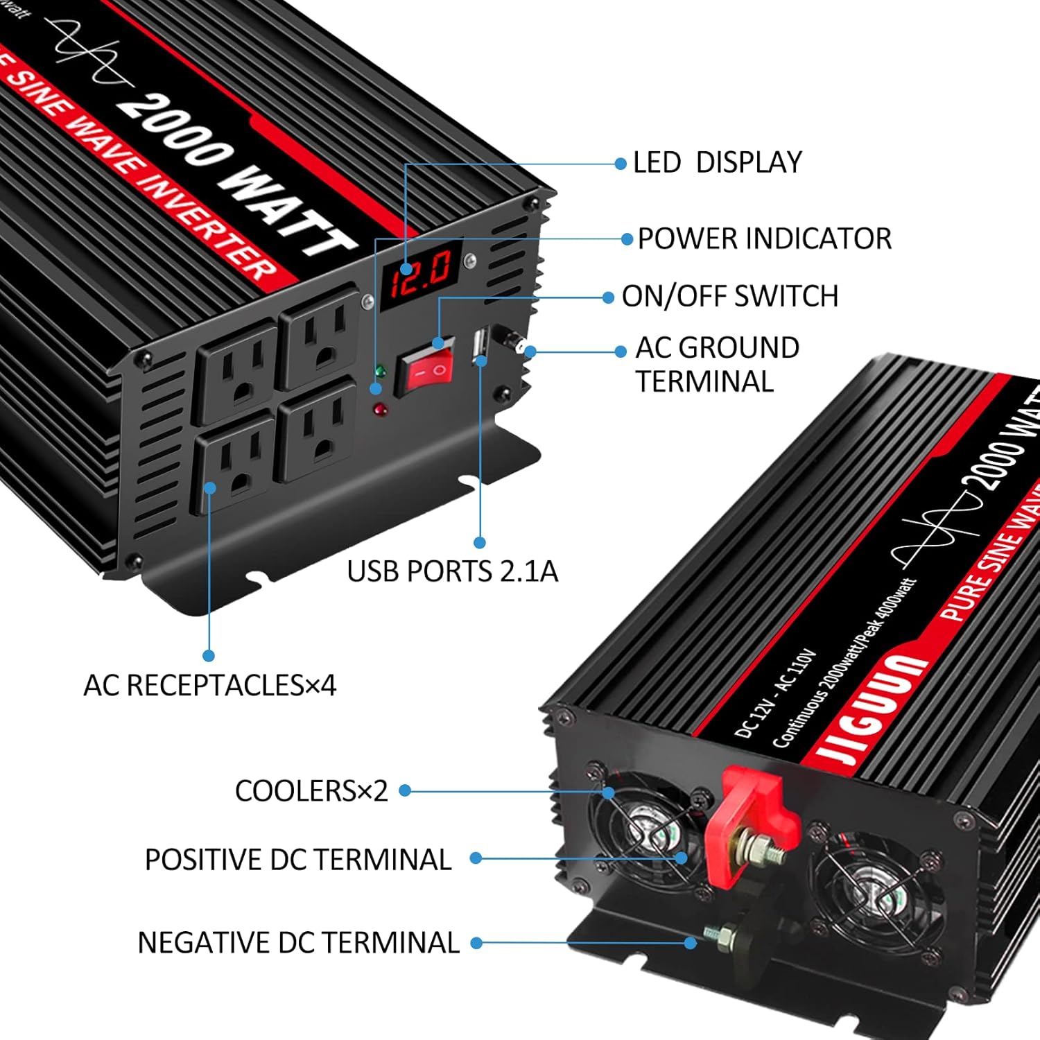 JIGUUN 2000 Watt Pure Sine Wave Inverter, Power Converter 12V DC to 110V/120V AC