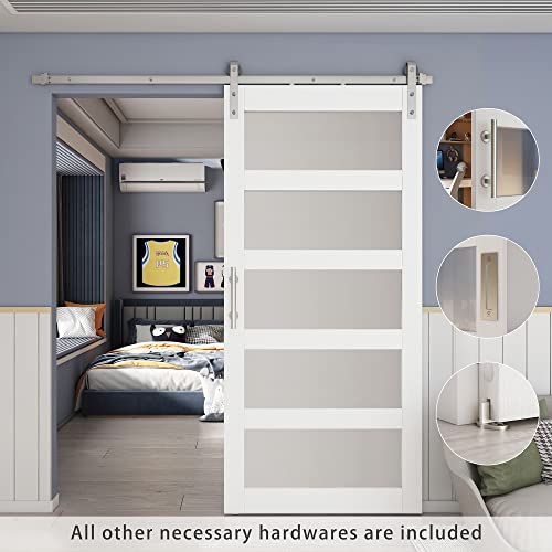 BARNSMITH 42in x 84in Glass Barn Door with 7FT Sliding Door Hardware Kit Included & Handle
