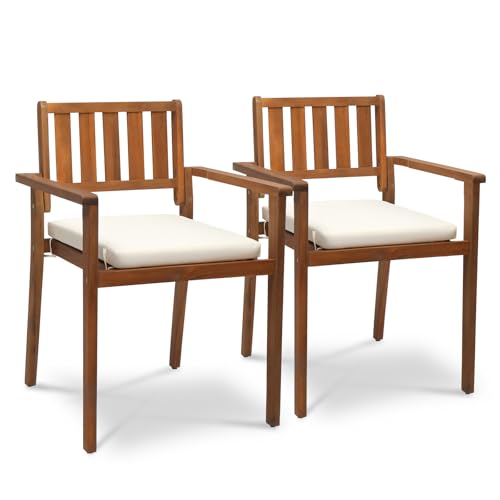 Outvita Stackable Patio Dining Chairs Set of 4, Durable Acacia Wood Outdoor Chairs with Removeable Cushions and Comfortable Armrests for Porch