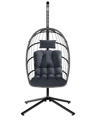 SWITTE Egg Chair Outdoor with Stand, Indoor Wicker Hanging Egg Swing Chair with Cushion, 350lbs Capacity for Patio, Bedroom, Garden - Gray