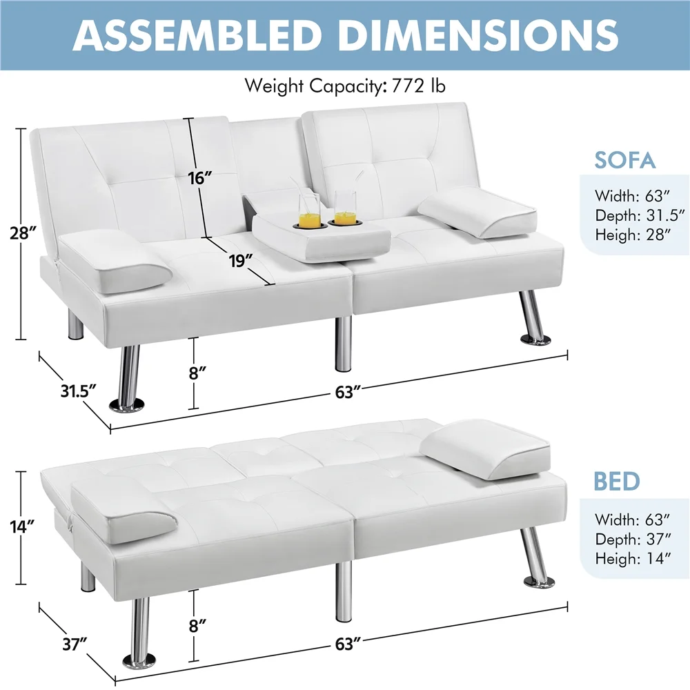 Easyfashion Modern Faux Leather Futon Sofa Bed Convertible Folding Couch with Cup Holders,White