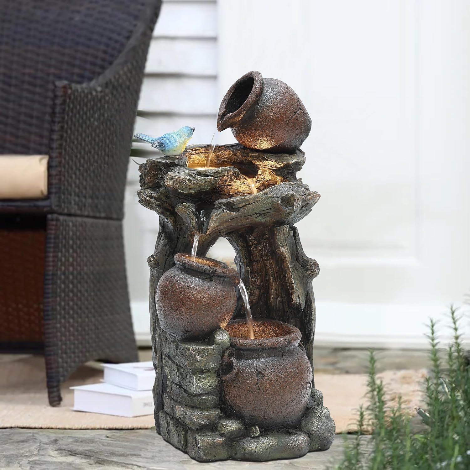 LuxenHome 25.6" Rustic Pots and Pitchers on Tree Resin Outdoor Fountain with LED Lights Fountains and Waterfalls Decor for Patio Yard Garden Water