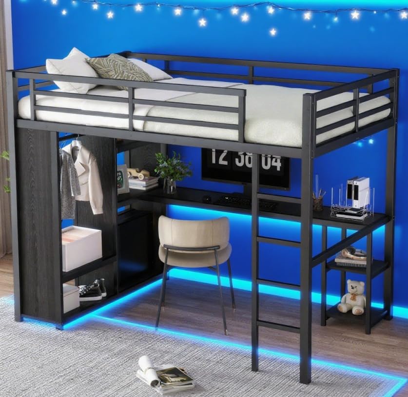 Bellemave Queen Size loft Bed with L Desk, Wardrobe, Metal Queen Loft Bed Frame for Adults, Kids, Teens, Black