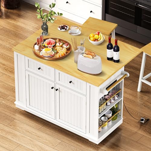 Kitchen Island with Drop Leaf & Power Outlet, Rolling Kitchen Islands Cart with 5 Open Storage Shelves & Towel Rack