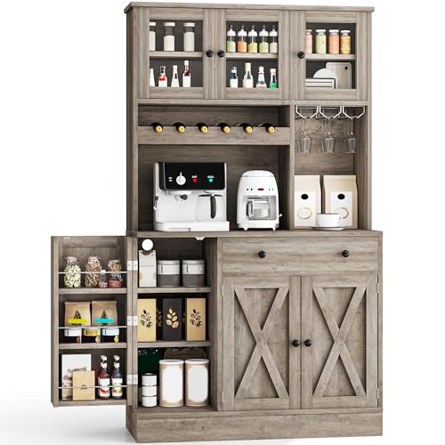 YITAHOME Kitchen Pantry Cabinet with Wine Rack & Power Outlet, 71" H Tall Storage Cabinet with Doors, Shelves, Drawer