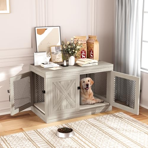 Xilingol Corner Dog Crate Furniture with Double Doors, 36 Inch Wooden Dog Kennel End Table Indoor with Mesh, Cage/House for Small Medium Large Dog