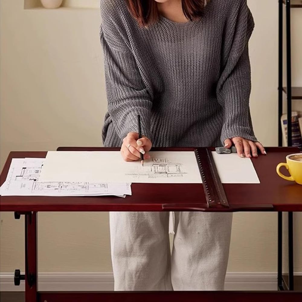 Drawing Table, Studio Painting Table and Craft Table, Height and Angle Adjustable, with Tilting Magnifying Tabletop and T-square