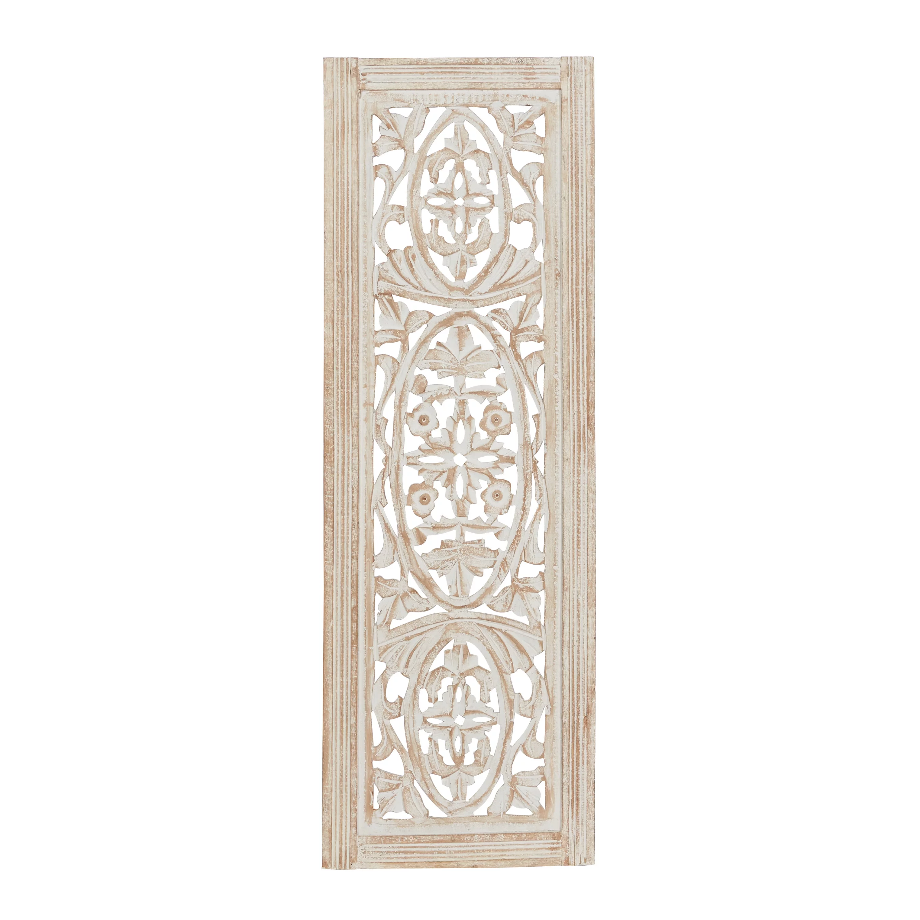 DecMode Neutral Cream/Distressed Wood Traditional Mango Carved Wood Leaves Wall Decor, 12"L x 36"H, 1-Piece