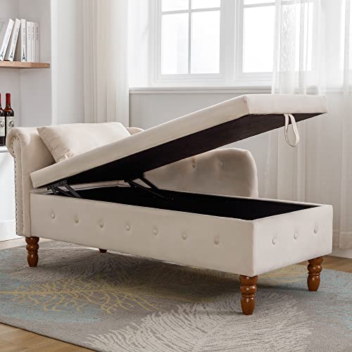 Chaise Lounge Indoor,Velvet Lounge Chair for Bedroom with Storage & Pillow