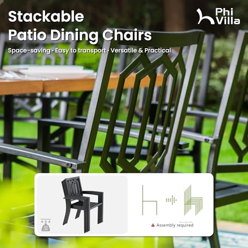 PHI VILLA Stackable Wrought Iron Patio Dining Chairs - Set of 2 Black Outdoor Chair Bistro Metal Chairs, Support 300 LBS