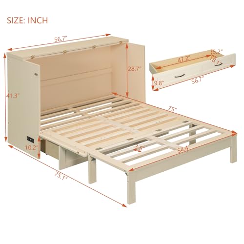 Full Size Murphy Bed Cabinet, Solid Wood Murphy Bed with Charging Station and Large Storage Drawer, Wall Mounted Foldable Platform Bed