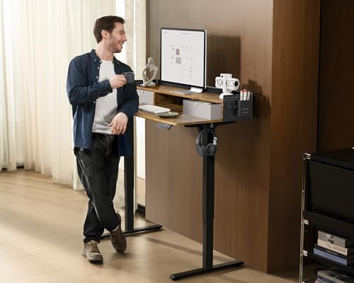 48x24 Inches Electric Standing Desk with 2 Drawers, Height Adjustable Stand up Desk for Home Office, Ergonomic Sit to Stand Table with Storage Shelf