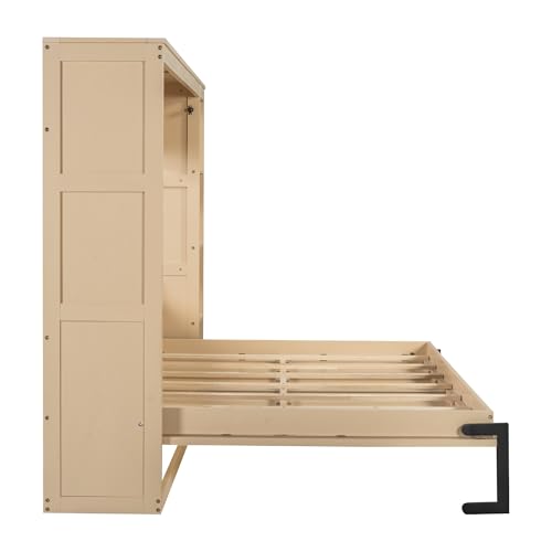 Queen Size Farmhouse Murphy Bed Cabinet with Charging Station, Foldable Platform Bed Frame with 2 Storage Drawers