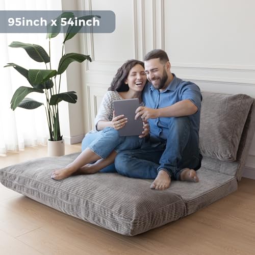 MAXYOYO Bean Bag Bed Folding Sofa Bed Floor Mattress for Adults, Extra Thick and Long Floor Sofa with Corded Washable Cover, Dark Grey, 30x95 Inch