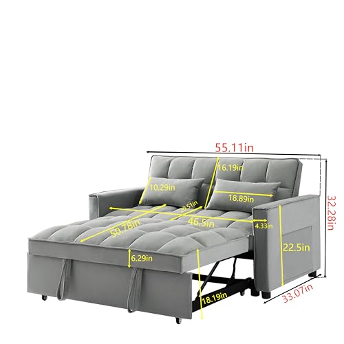 Futon Sleeper Sofa Bed Couch - Velvet 3 in 1 Convertible Sleeper Sofa w/Pullout Bed, Small Love Seat Lounge Sofa w/Reclining Backrest, Toss Pillows