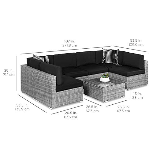 Best Choice Products 7-Piece Modular Outdoor Sectional Wicker Patio Conversation Set w/ 2 Pillows, Coffee Table, Cover Included - Gray/Navy