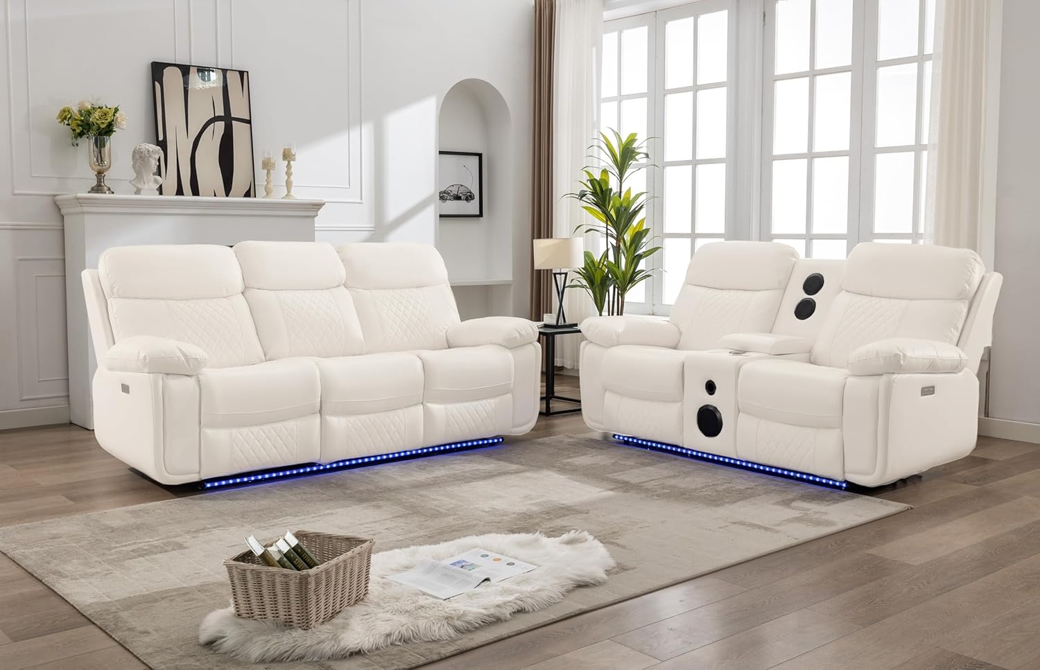 Power Recliner Sofa Set with Bass Speakers for Living Room, Leather 3 Seater Reclining Sofa and Loveseat Seating Couch With Wireless Charger
