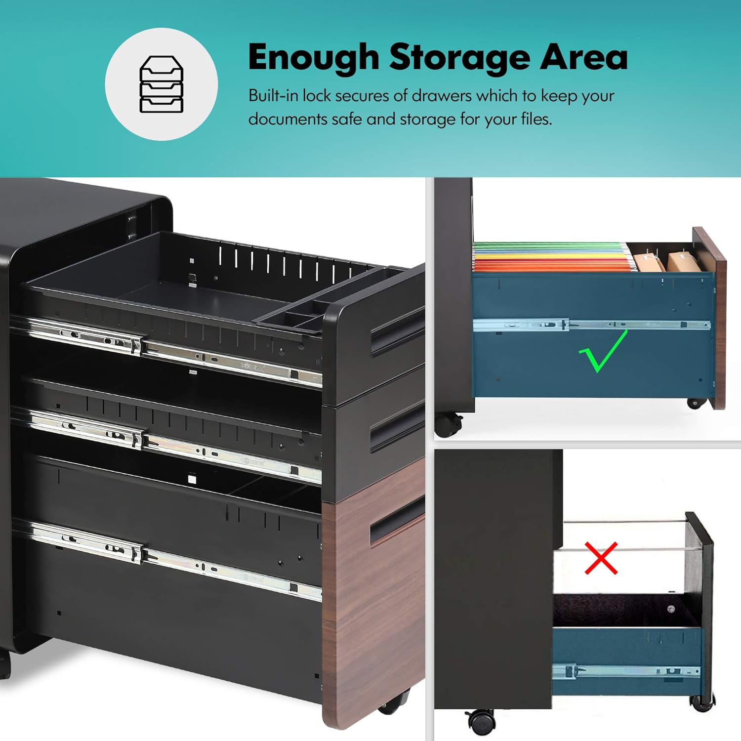 FENGE 3 Drawer Slim Vertical Locking Mobile File Cabinet with Casters Metal Filing Cabinet for Letter/Legal Size FC304001MB