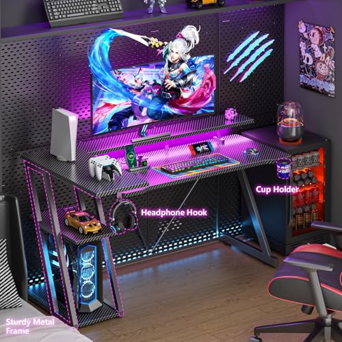 55 Inch Gaming Desk with Power Outlet & LED Lights, L Shaped Gamer Computer Table with Storage Shelves for Bedroom, Corner Home Office Desk