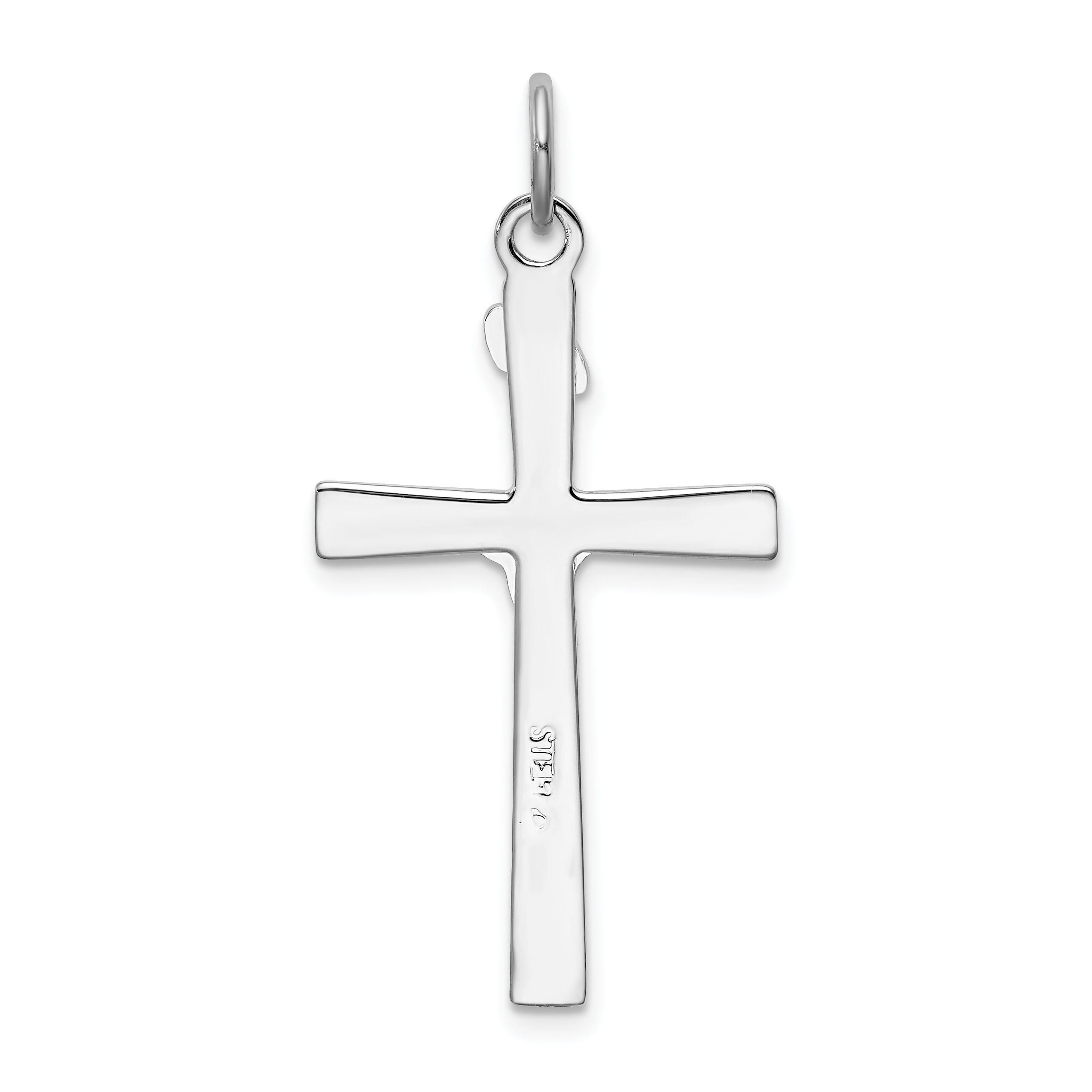 Carat in Karats Sterling Silver Polished Finish Rhodium-Plated 18K Gold Inri Crucifix Charm Pendant (37mm x 18mm) With Sterling Silver Cable Chain