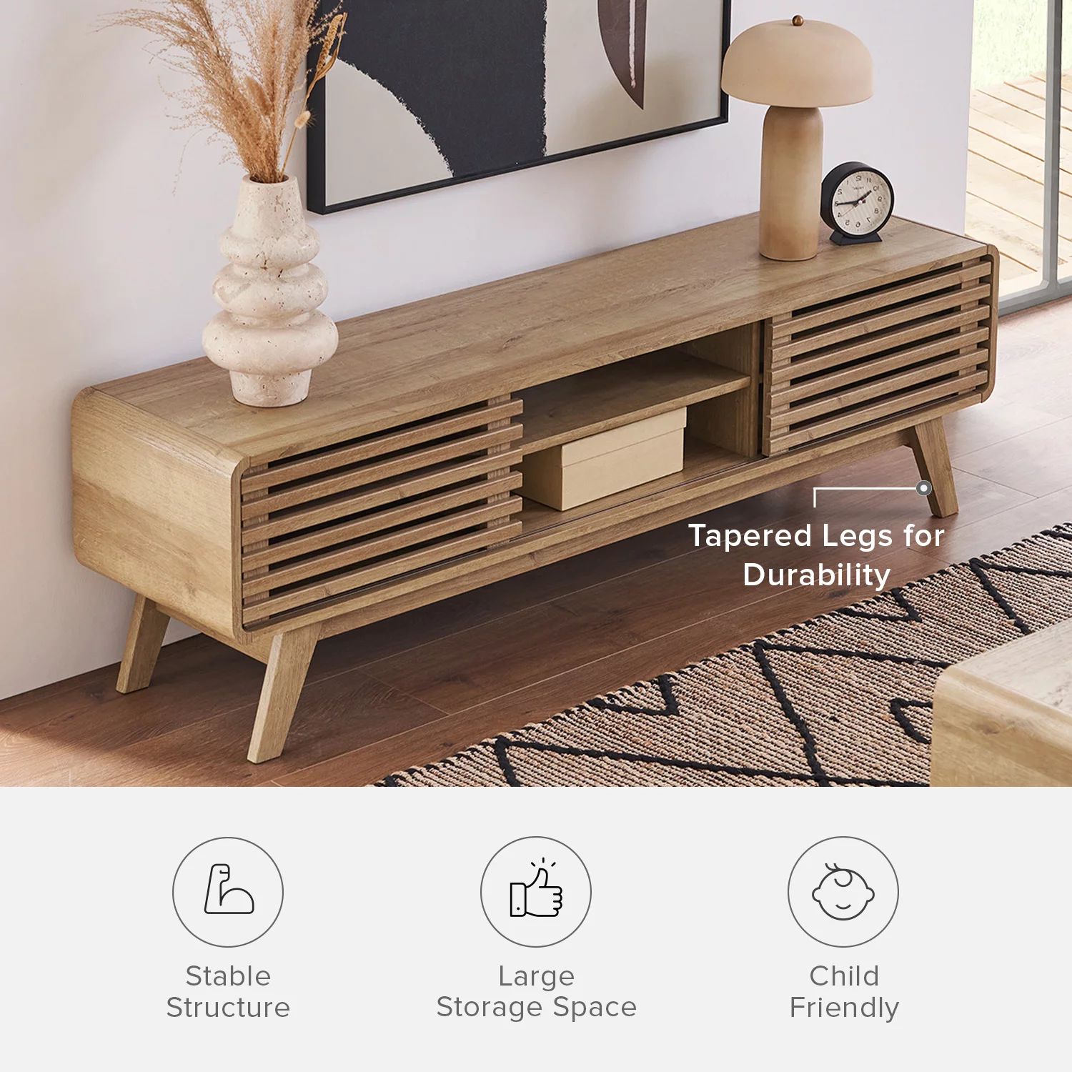 Mopio Ensley 59" Low Mid-Century Modern TV Stand Console for TV Under 70", Oak