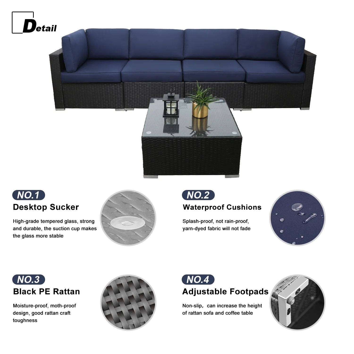 Excited Work 5 Pcs Patio Sofa PE Rattan Outdoor Wicker (BLUE) Patio Conversation Set