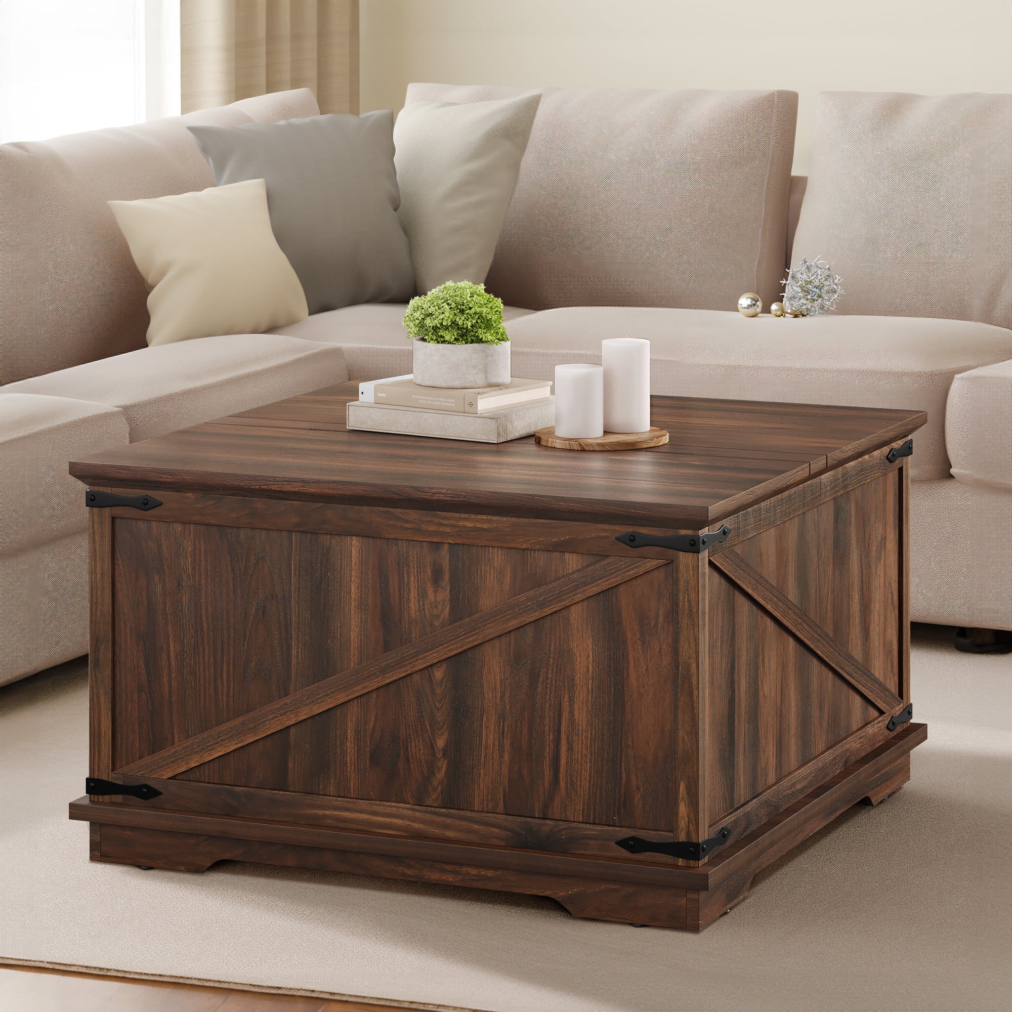 Dextrus Farmhouse Square Lift Top Coffee Table with Storage, Wood Center Table for Living Room, Walnut - Curated Treasures Market