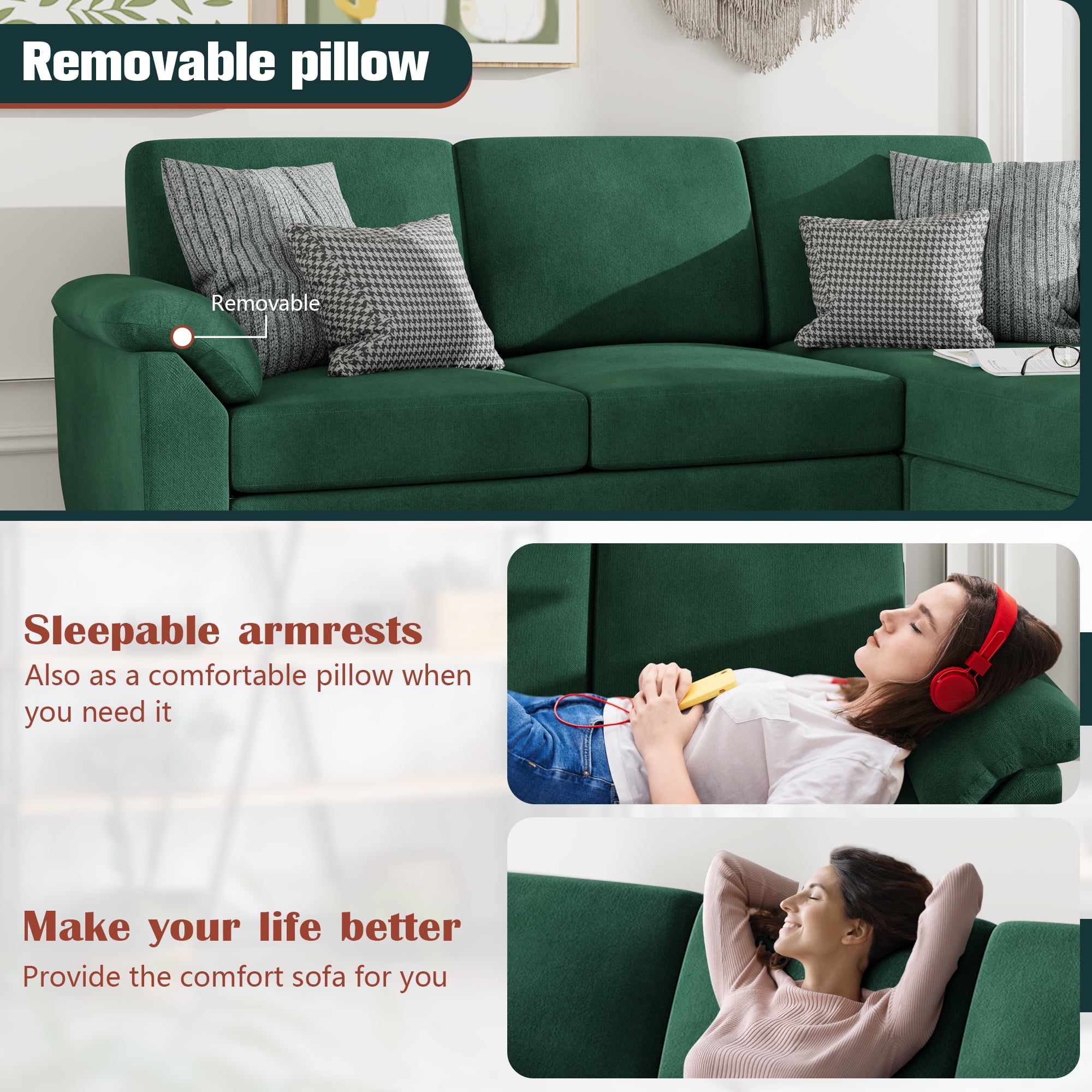 Walsunny 79 Convertible Sectional Sofa Couch,Linen Fabric L Shaped Sofa with Removable Pillows Dark Gray