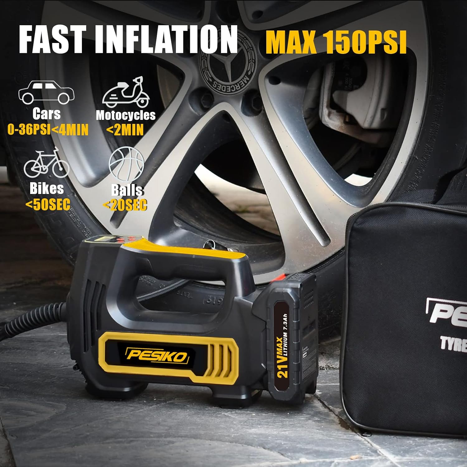 Air Pump for Car Tires，150PSI 10000mAh Cordless Tire Inflator Portable Air Compressor with 12V Car Power Adapter Digital Pressure Gauge for Cars